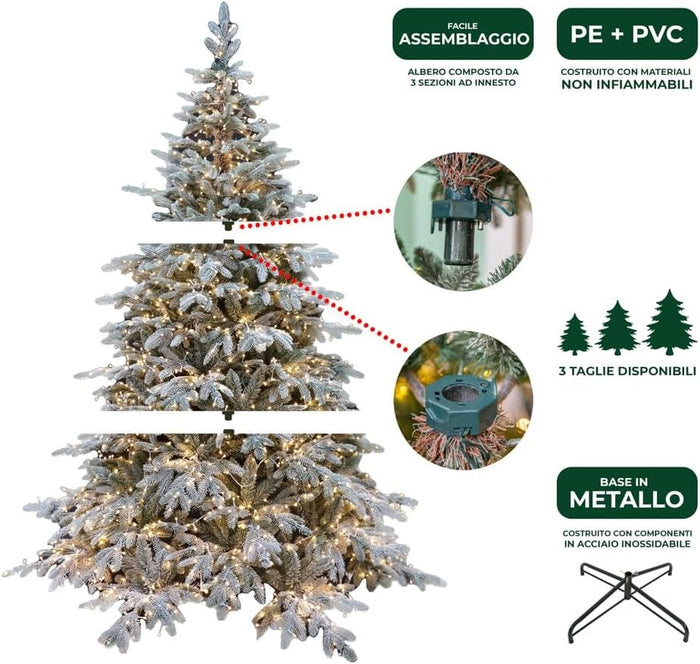 Albero di Natale Pino Verde Innevato H 180cm x L 130cm Super Folto Effetto Real-Touch con 2000 Luci Led Incorporate e Base Croce in Ferro Pieghevole