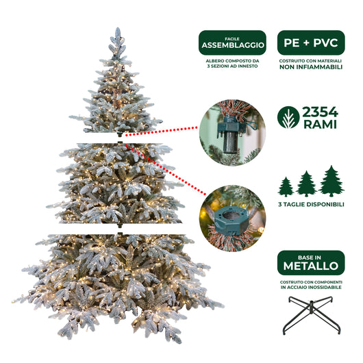 Albero di Natale Pino Verde Innevato St. Moritz H 210cm x L 150cm Super Folto Effetto Real-Touch con 2500 Luci Led Incorporate 2354 Tips e Base Croce in Ferro Pieghevole
