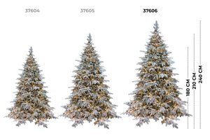 Albero di Natale Pino Verde Innevato St. Moritz H 240cm x L 165cm Super Folto Effetto Real-Touch con 3000 Luci Led Incorporate 3484 Tips e Base Croce in Ferro Pieghevole