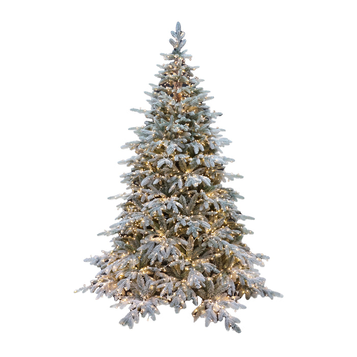 Albero di Natale Pino Verde Innevato St. Moritz H 240cm x L 165cm Super Folto Effetto Real-Touch con 3000 Luci Led Incorporate 3484 Tips e Base Croce in Ferro Pieghevole