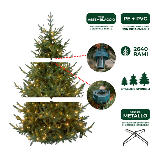 Albero di Natale Artificiale Verde Sestriere H 210cm x L 150cm Super Folto con 500 Luci Led + 20 Luci Flash Incorporate 2640 Tips e Base a Croce in Metallo
