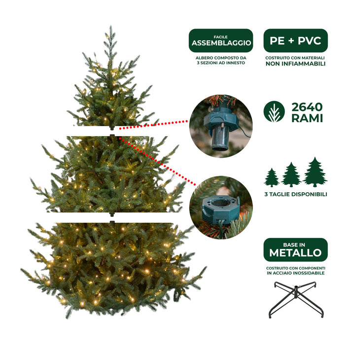 Albero di Natale Artificiale Verde Sestriere H 210cm x L 150cm Super Folto con 500 Luci Led + 20 Luci Flash Incorporate 2640 Tips e Base a Croce in Metallo