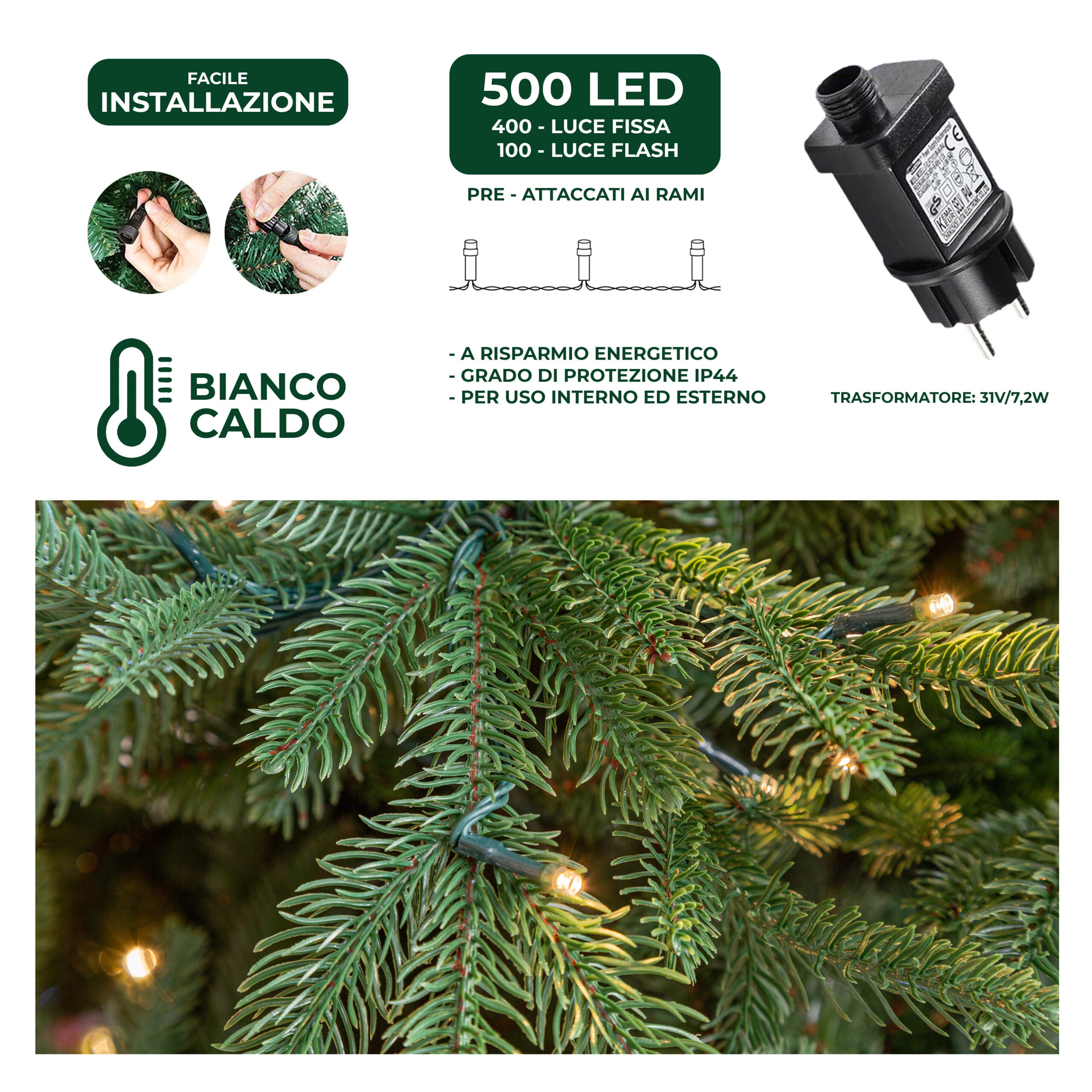 Albero di Natale Artificiale Verde Sestriere H 210cm x L 150cm Super Folto con 500 Luci Led + 20 Luci Flash Incorporate 2640 Tips e Base a Croce in Metallo