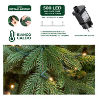 Albero di Natale Artificiale Verde Sestriere H 210cm x L 150cm Super Folto con 500 Luci Led + 20 Luci Flash Incorporate 2640 Tips e Base a Croce in Metallo