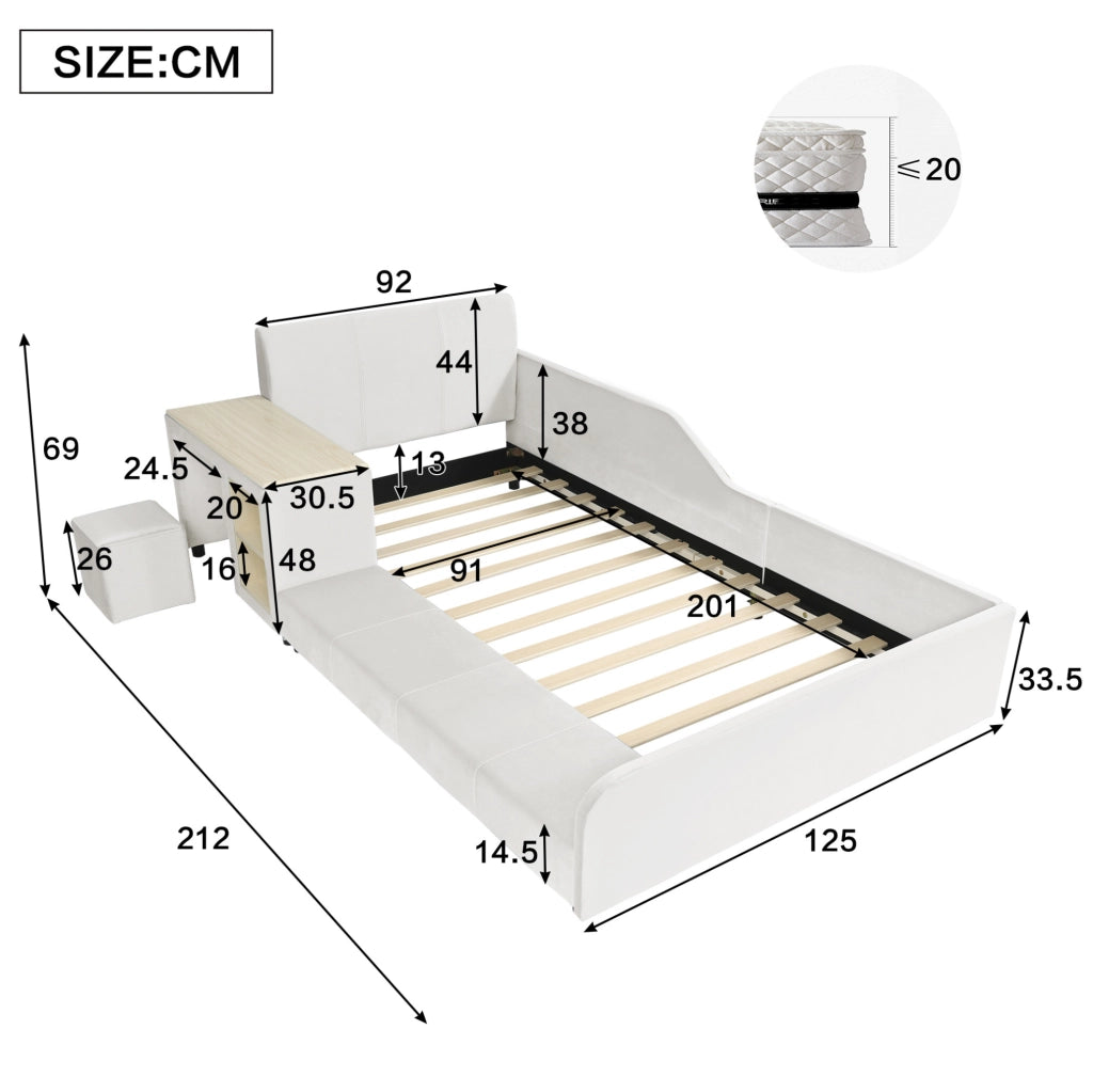 Letto singolo imbottito ULEVR 90x200 cm con scrivania, sgabello e ripiano, velluto bianco