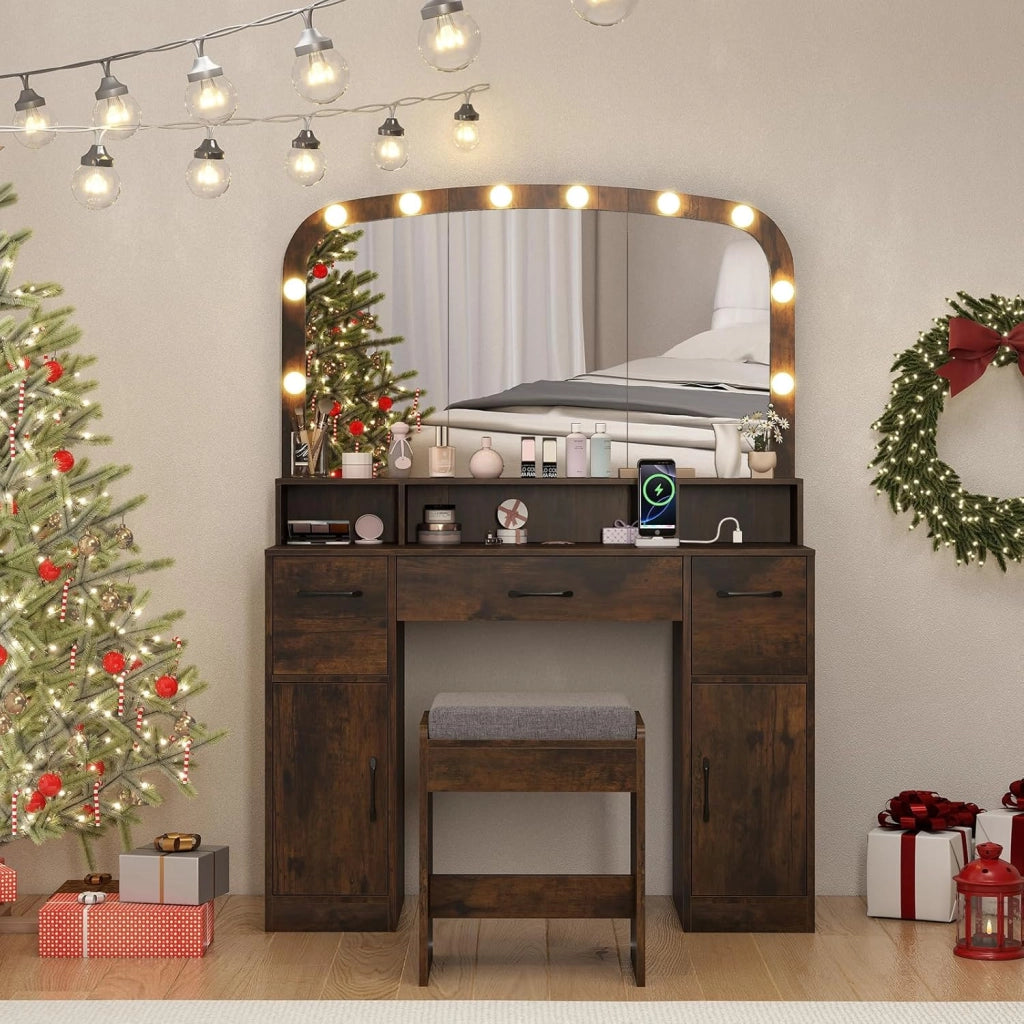 Tavolo da toeletta con luci a LED regolabili, set da toeletta con specchio, tavolo da trucco, sgabello imbottito, 3 scomparti aperti, 3 cassetti, 2 armadi, stazione di ricarica (marrone)