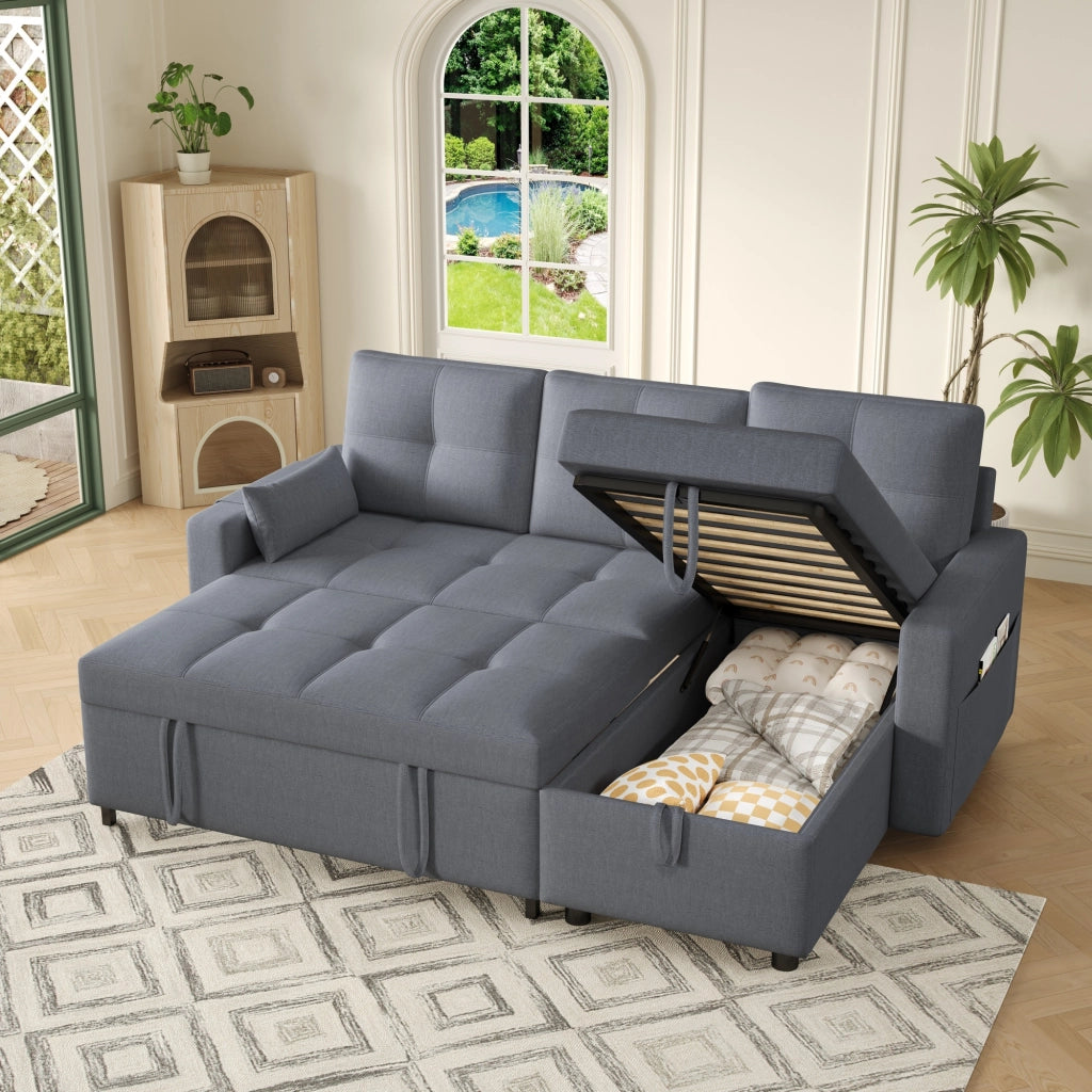Divano angolare L modulare letto estraibile con vano contenitore e portabicchieri in lino grigio 211 × 136 × 87 cm