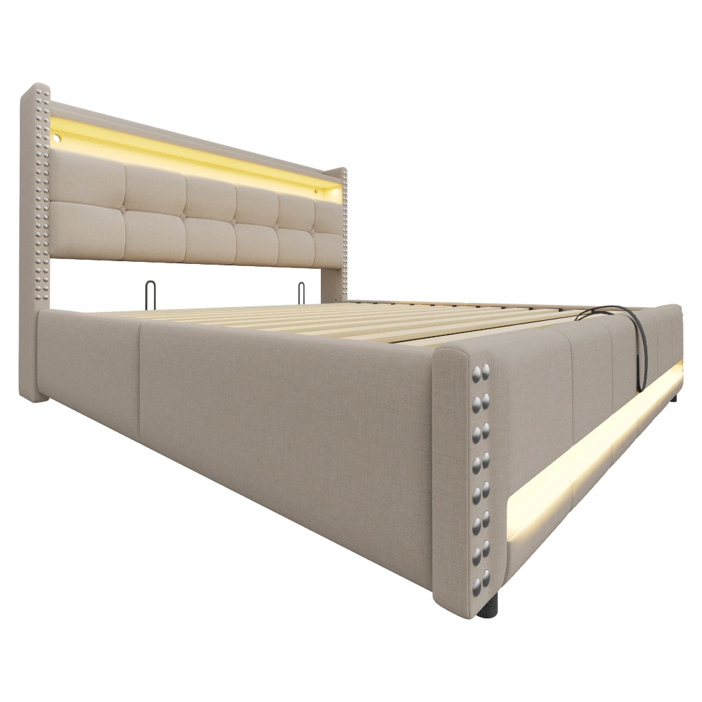 DESMIU Letto Imbottito 180 × 200 cm 2 posti con LED, USB, ripiani e contenitore, senza materasso, in lino, beige