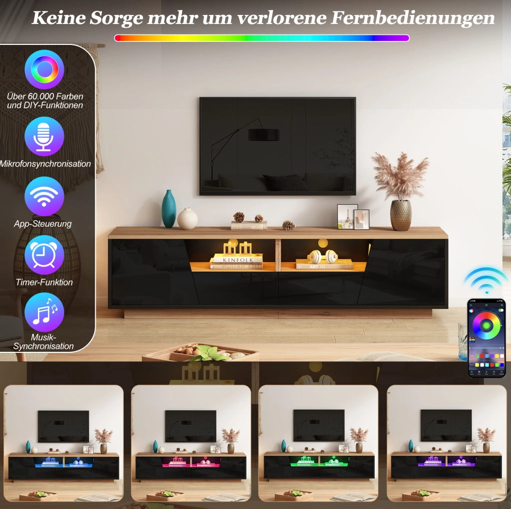 Mobile TV 180x40x46 cm con LED, 2 ante e 2 cassetti, nero e legno