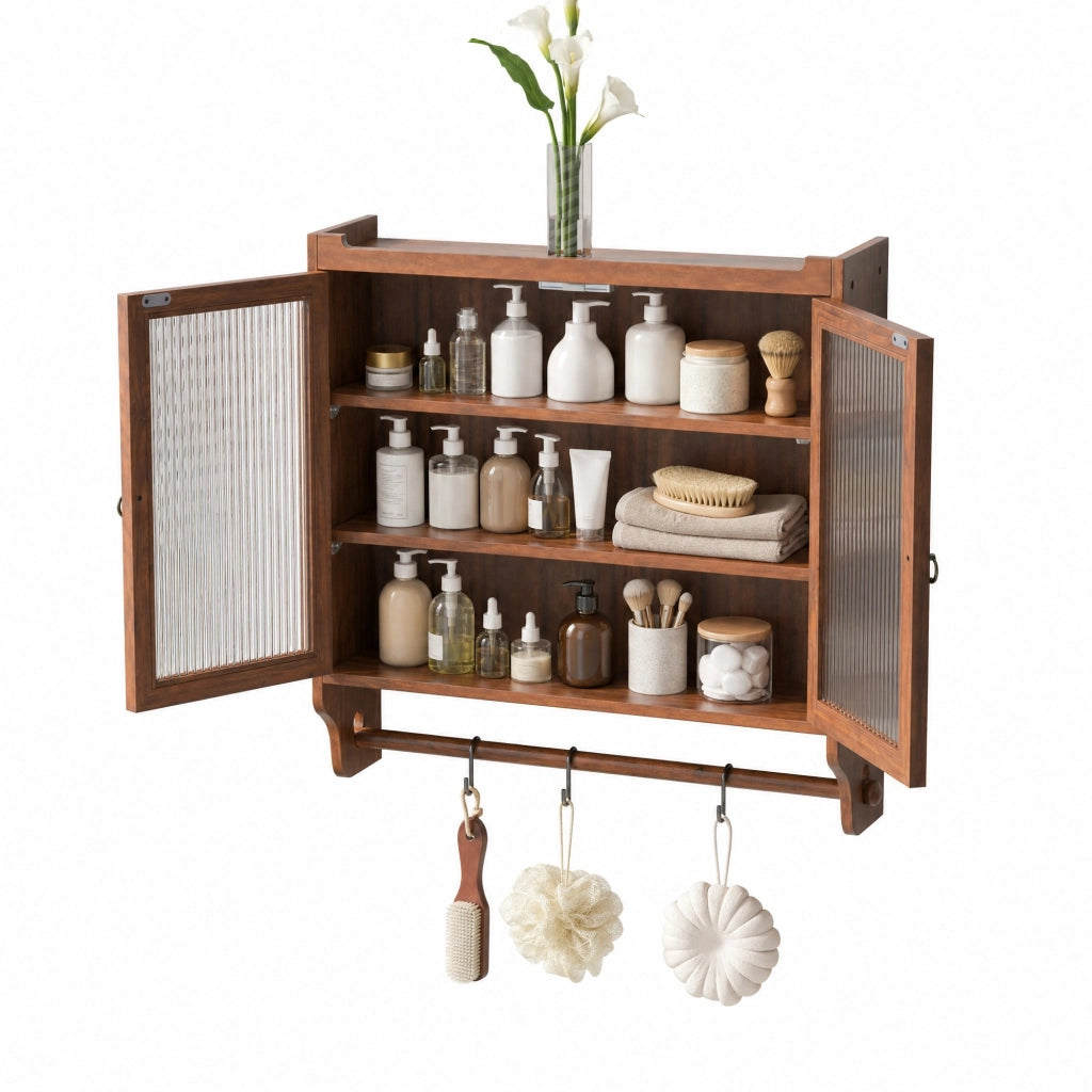 Mobile pensile vintage in legno e vetro marrone, con ante doppie, 3 ripiani e mensola porta asciugamani, 63 x 60 x 18 cm