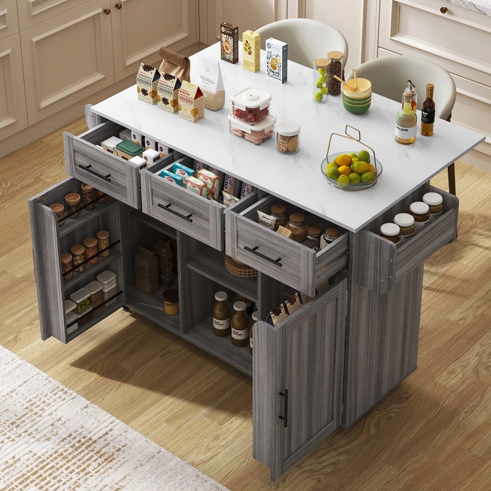 Carrello Portavivande con Armadietto ¨C Xylo ¨C Legno Massello Grigio, Piano Marmo Bianco, 139x46x91.5 cm