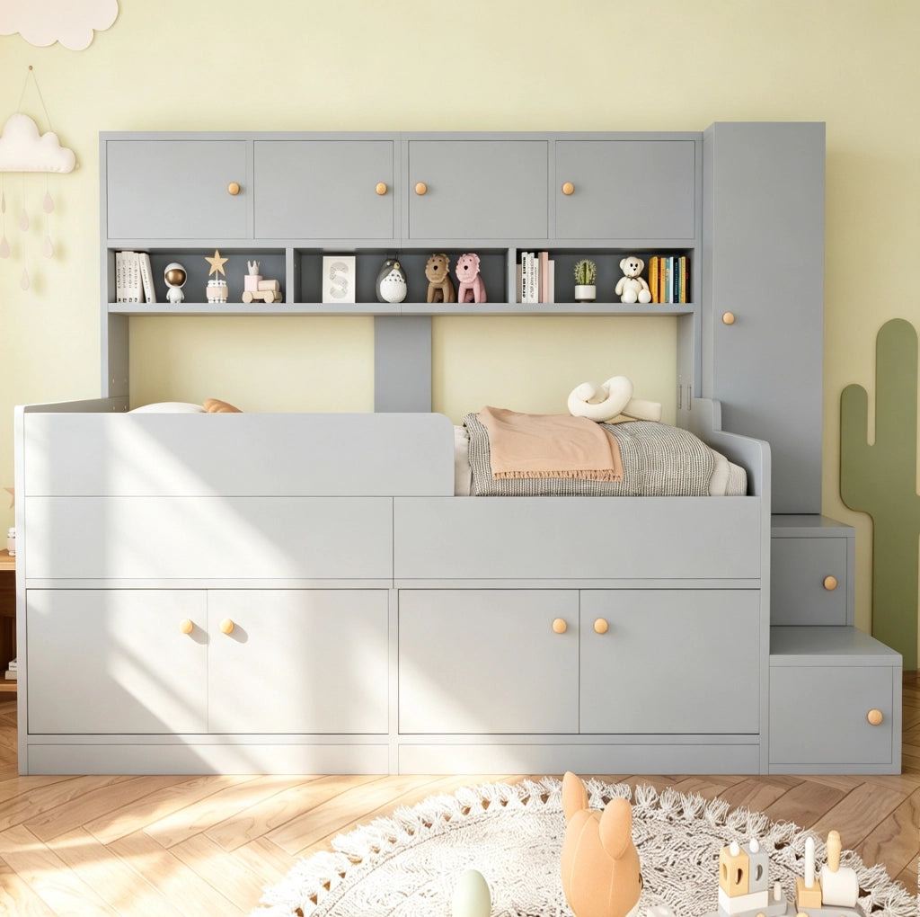Letto a soppalco per bambini 90x200 cm con armadio; vani contenitore; LED e barriera; grigio