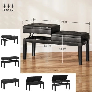 Panca per pianoforte regolabile con vano portaoggetti, seduta in ecopelle nera, 105 x 37 x 48-58 cm