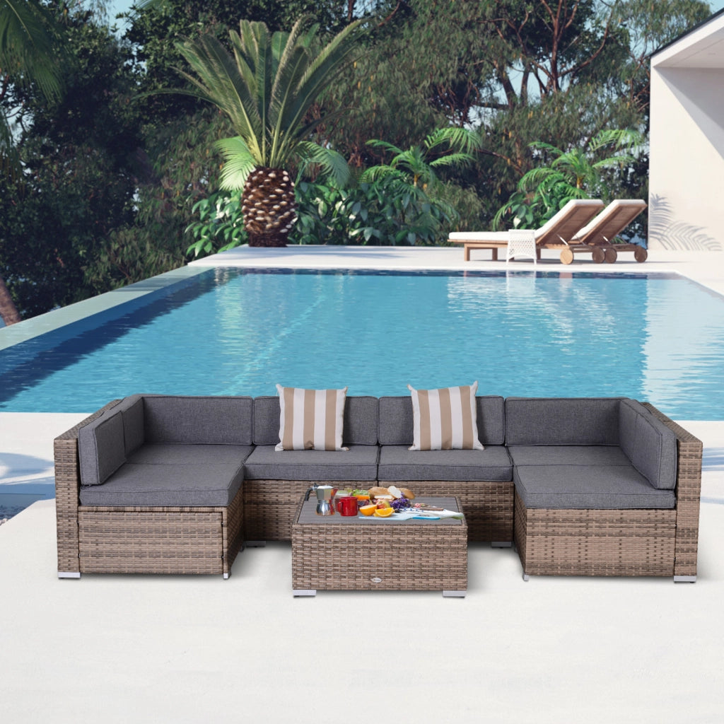 EasyComfort Salotto da Giardino in Rattan da 7 Pezzi con Tavolino e Divano Modulabile con Cuscini, Grigio