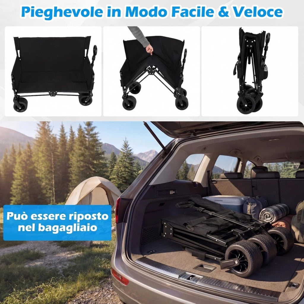 2 in 1 Carrello Pieghevole con Panca, Carrello Trasportabile con Maniglia Regolabile, Cuscini Morbidi e Ruote, Carrello da Giardino in 600D Oxford, 80 kg, 85 L, per Campeggio e Spiaggia (Nero)