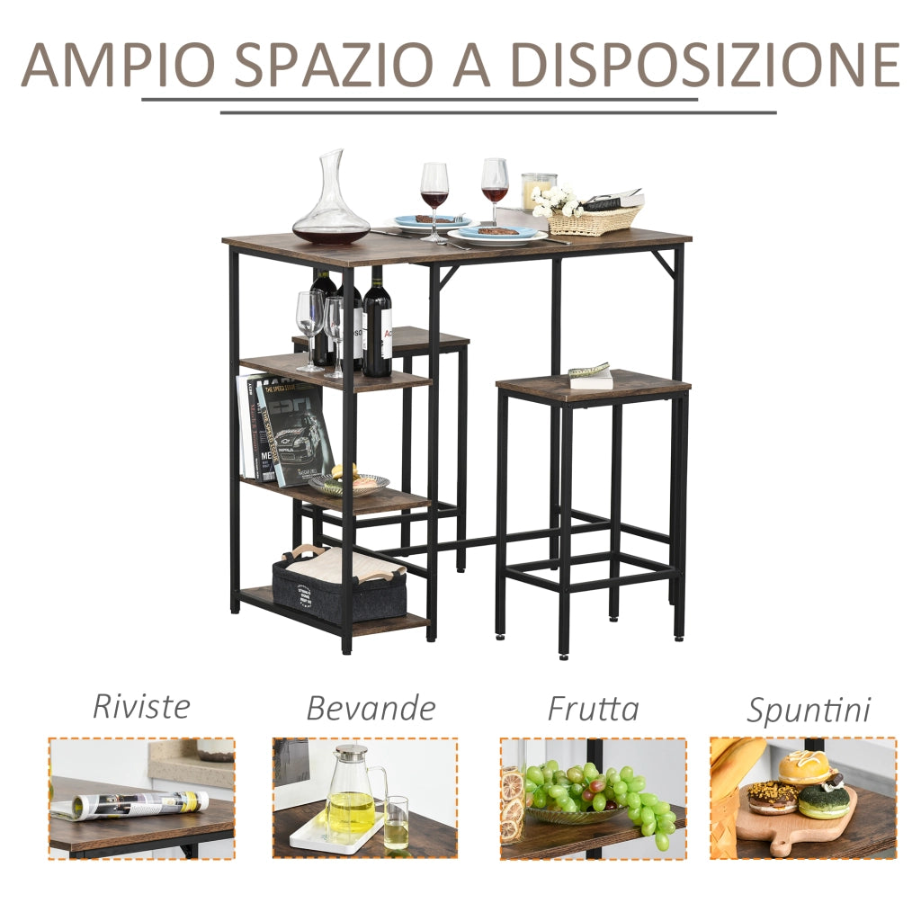 EasyComfort Set Tavolo Alto con 2 Sgabelli e Scaffale Stile Industriale in Metallo e Legno, Arredamento Moderno Bar e Cucina, Marrone Rustico