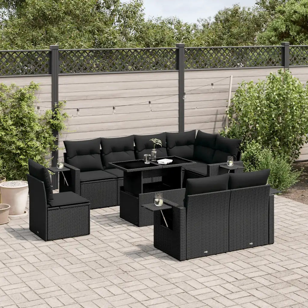 Set Divani da Giardino 9 pz con Cuscini Nero in Polyrattan