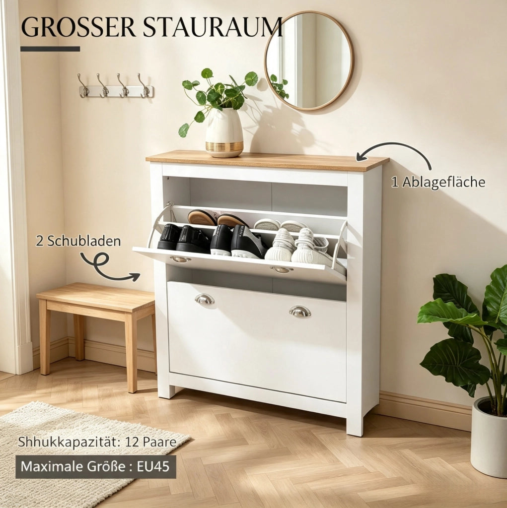 Scarpiera con 2 cassetti ribaltabili e ripiani regolabili in MDF rovere e bianco