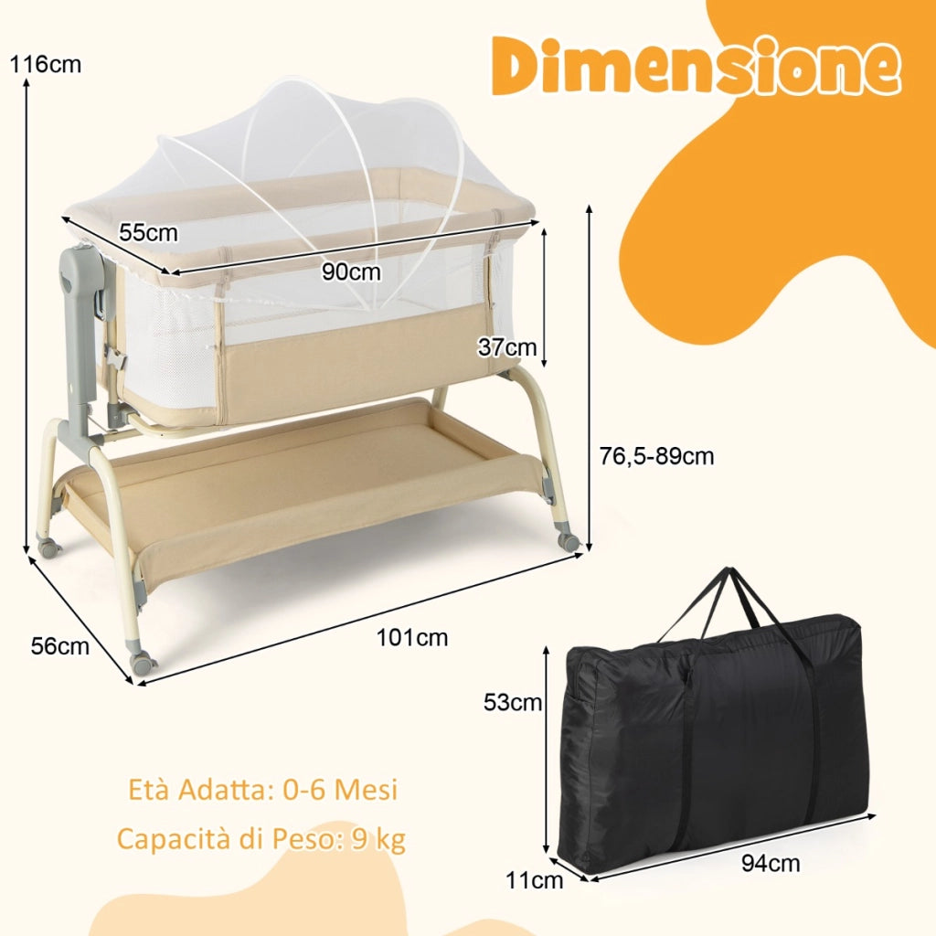 Culla per neonati con 6 altezze regolabili materasso rete a 4 lati cesto portaoggetti, Culla portatile Beige-Culle