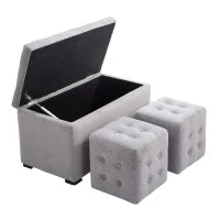 Panca Portaoggetti Set di 3 Pezzi con 2 Sgabelli Pouf in Velluto, Grigio Perla