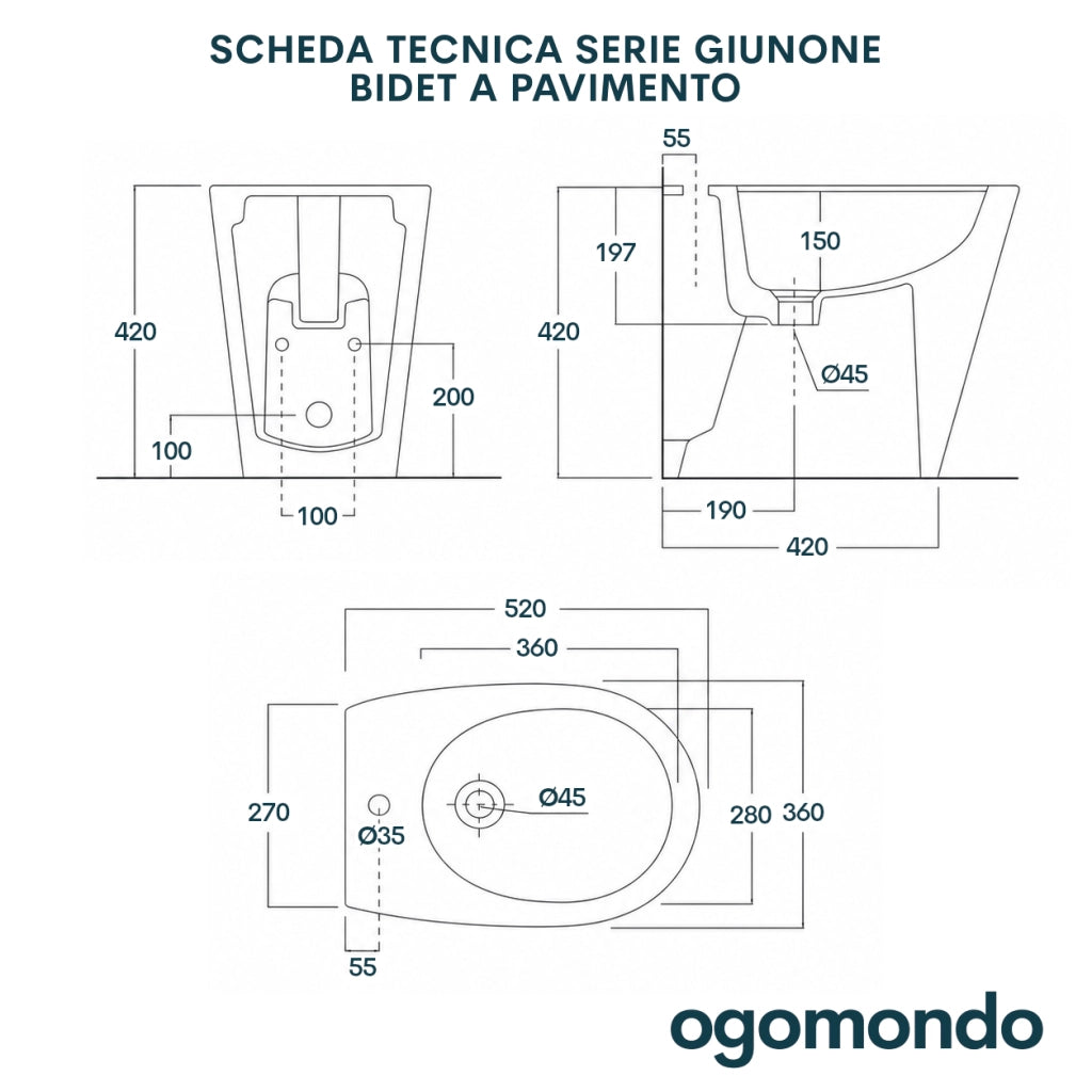 Bidet giunone ceramica bianca lucida a pavimento filo parete *** accessori senza fissaggi, confezione 1