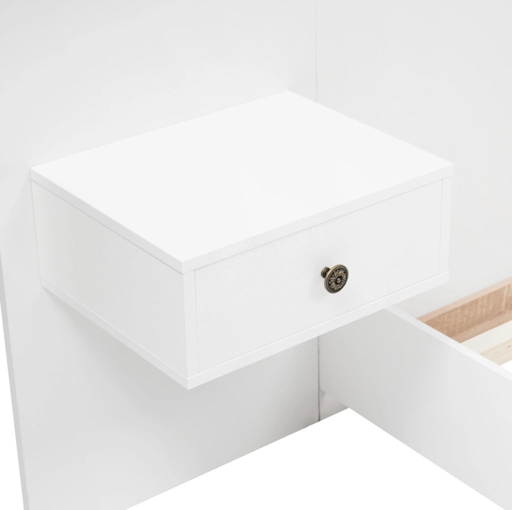 Letto matrimoniale 140x200 cm con 2 comodini LED e porte USB C; legno bianco e rovere Sonoma