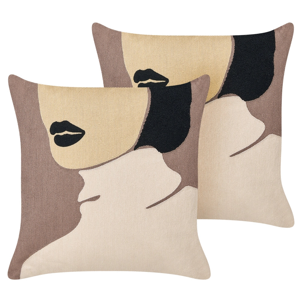 Set di 2 cuscini in cotone marrone beige 45 x 45 cm con motivo viso donna salotto cameretta camera da letto