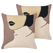 Set di 2 cuscini in cotone marrone beige 45 x 45 cm con motivo viso donna salotto cameretta camera da letto