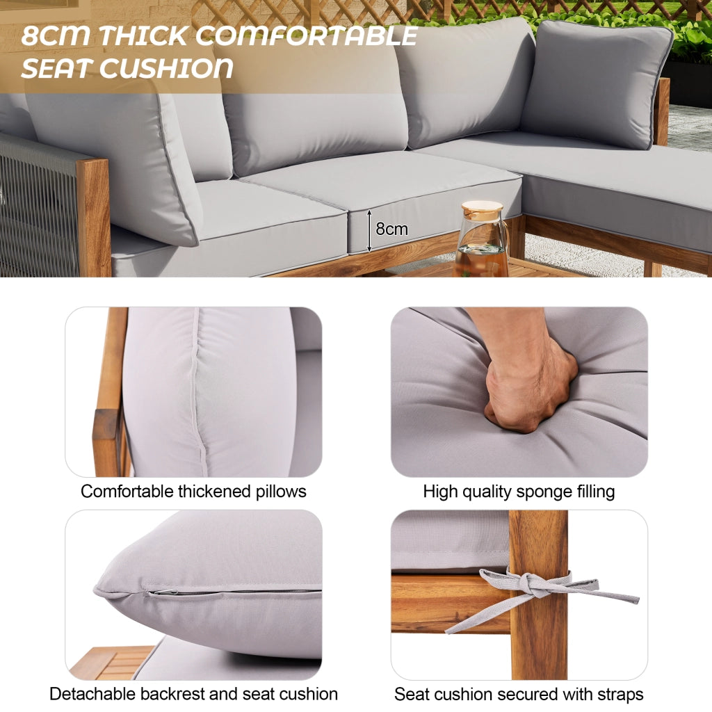 Set lounge da giardino 3 pezzi in legno grigio con cuscini sfoderabili e sedute in corda