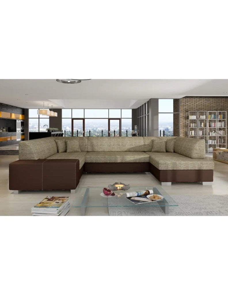 Divano panoramico a U Beige e cioccolato convertibile 6 posti HAVANA seduta in schiuma T30
