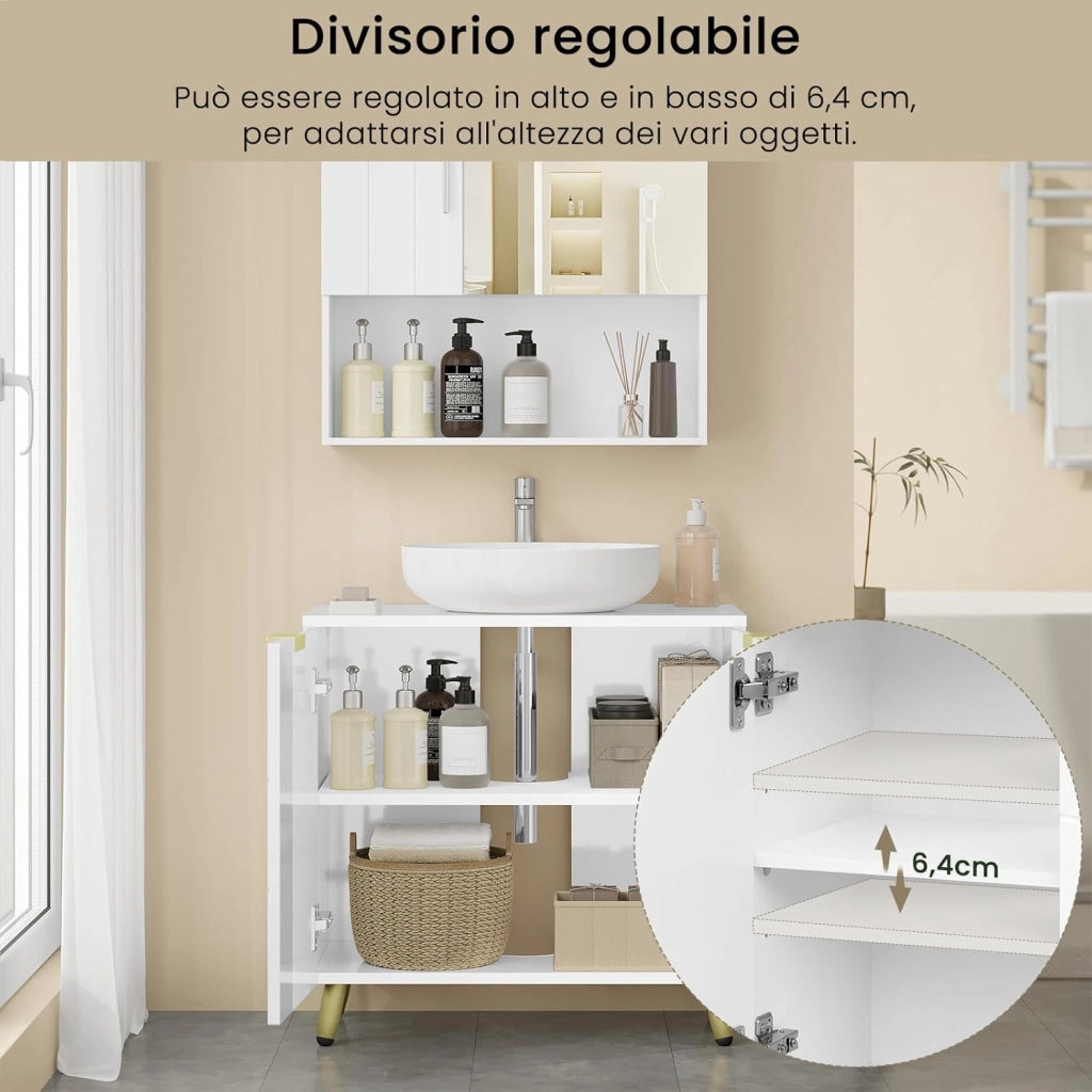 Mobile Sottolavabo per Bagno, Armadietto Sotto Lavandino da Terra a 2 Ante, Mobiletto Copricolonna in Legno, con Ripiano Regolabile e Foro per Sifone, Bianco Lucido, 60x30x60cm