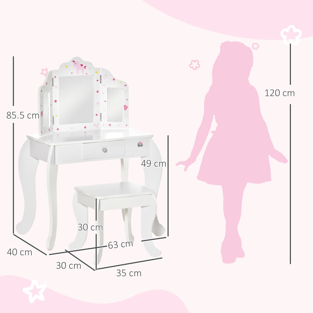 Toeletta per Bambini con Sgabello, Tavolo Trucco con Triplo Specchio e Cassetto, 63x40x85.5cm, Bianco