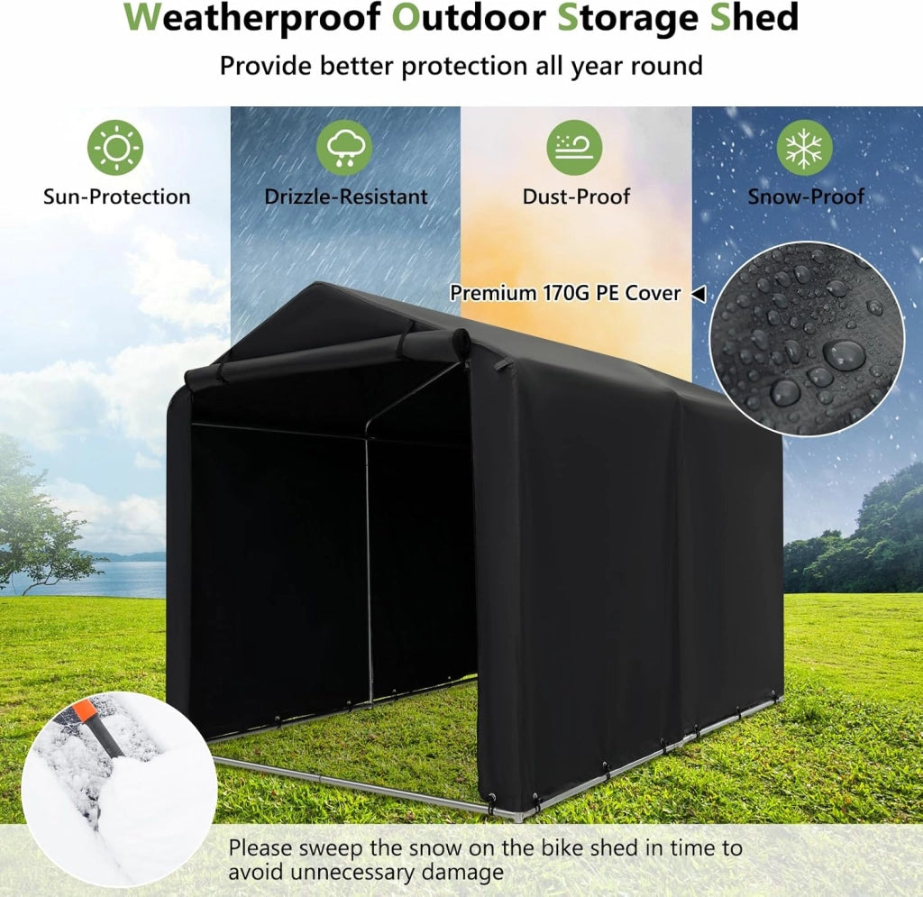 Capanno da Giardino 218 X 160 X 164 CM, Tenda Garage per Bici Moto Attrezzi, con Copertura en PE Impermeabile, Porta con Cerniera, Telaio in Metallo, Picchetti, per Esterno (Grigio Scuro)
