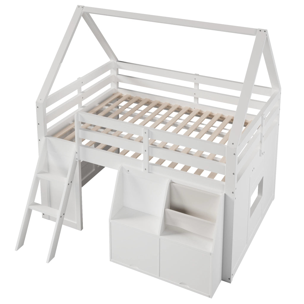 Letto a Soppalco 140x200 cm con scale; LED; box e tasche in legno bianco per cameretta