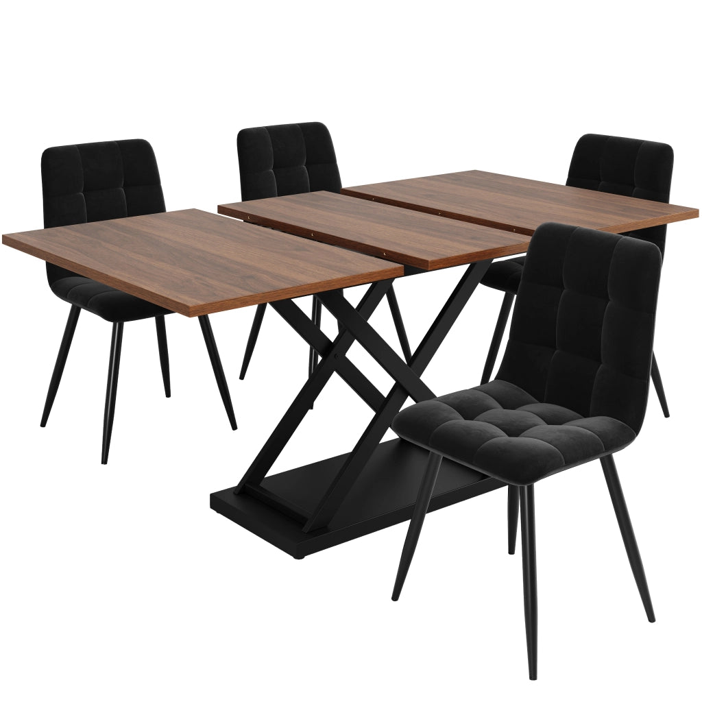 Tavolo da pranzo allungabile per 4 persone con 4 sedie, in MDF e metallo, seduta in velluto, colore noce e nero