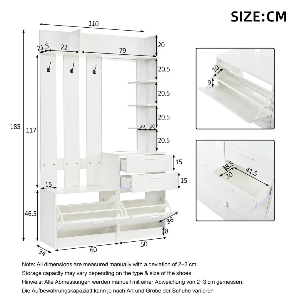 Appendiabiti con specchio; 2 cassetti; 2 scarpiere; 3 ganci e ripiani per ingresso 110 Ã— 34 Ã— 185 cm