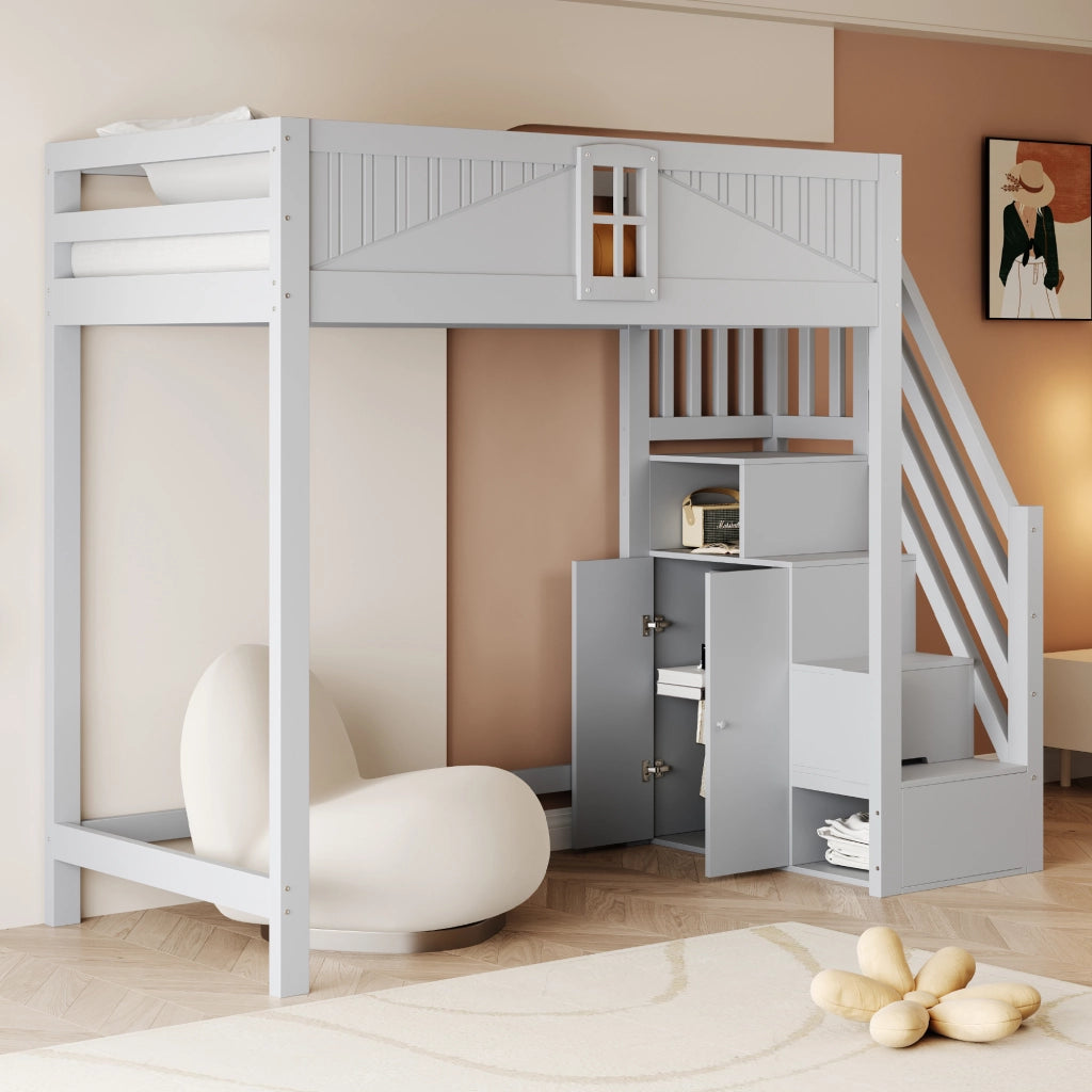 Letto a Soppalco Singolo con Vano Laterale e Scala Reversibile; 90 x 200 cm; senza Materasso; Grigio