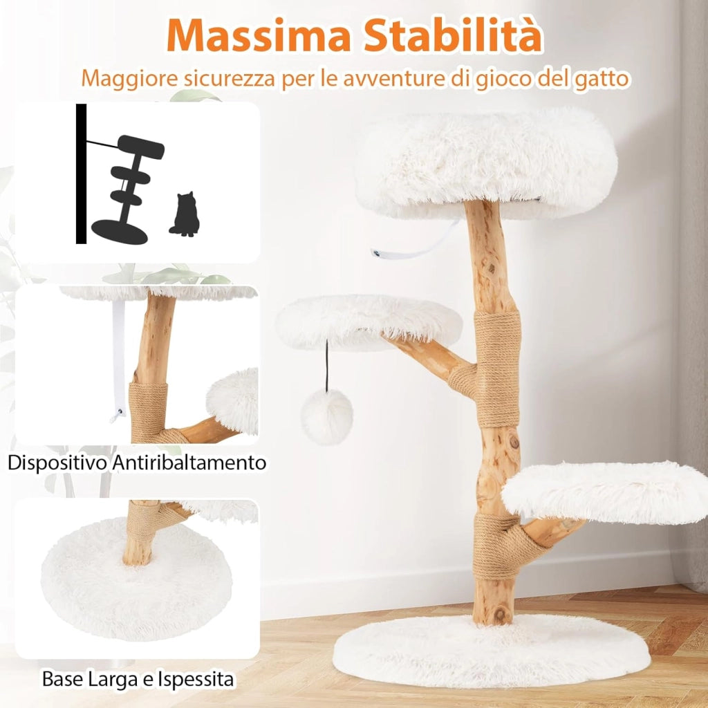 Albero per Gatti 90 cm, Torre per Gatti in Legno con Piattaforma in Tessuto in Pile Lungo, Tiragraffi in Juta e Pallina Pendente, Cuccia per Animali Domestici (Bianco)