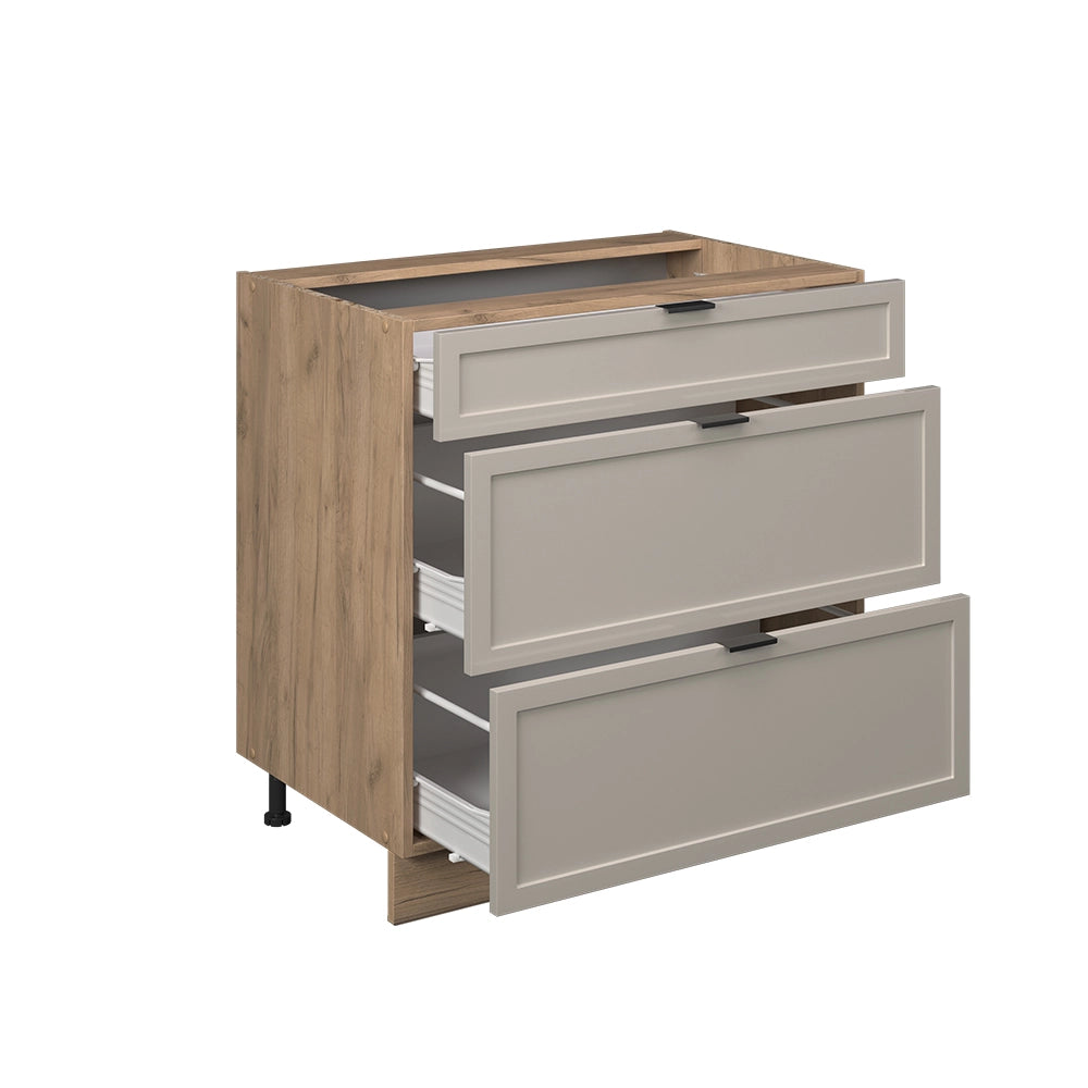 Mobiletto base per cucina Fame-Line GrigioBeige/Rovere dorato 80 cm con 3 cassetti, PL Rovere Vicco