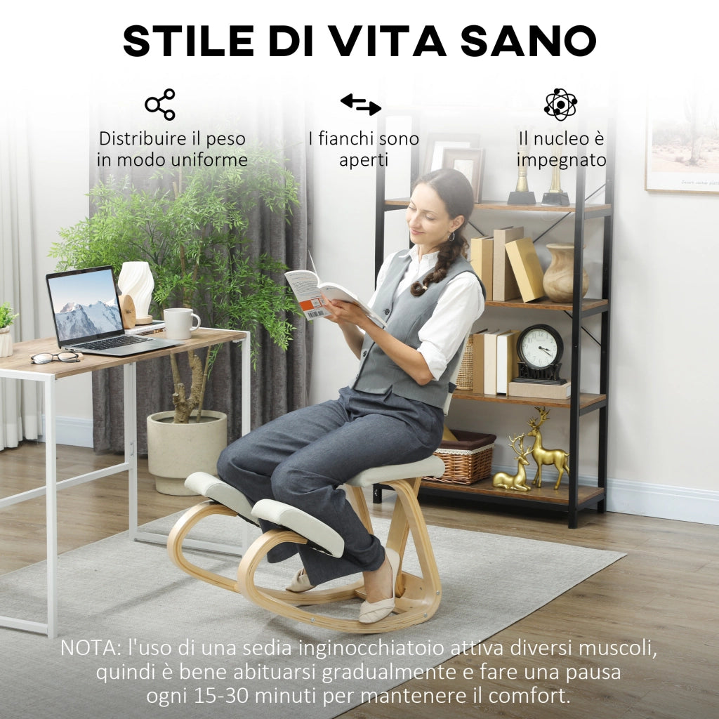 Sedia Ergonomica Inginocchiatoio con Schienale 51x84x93 cm in Legno di Betulla e Cuscini Crema