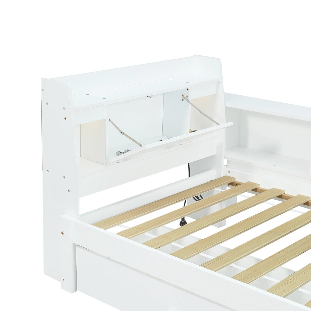 Letto singolo 90x200 cm con testiera con ripiano; cassetti e prese in legno bianco