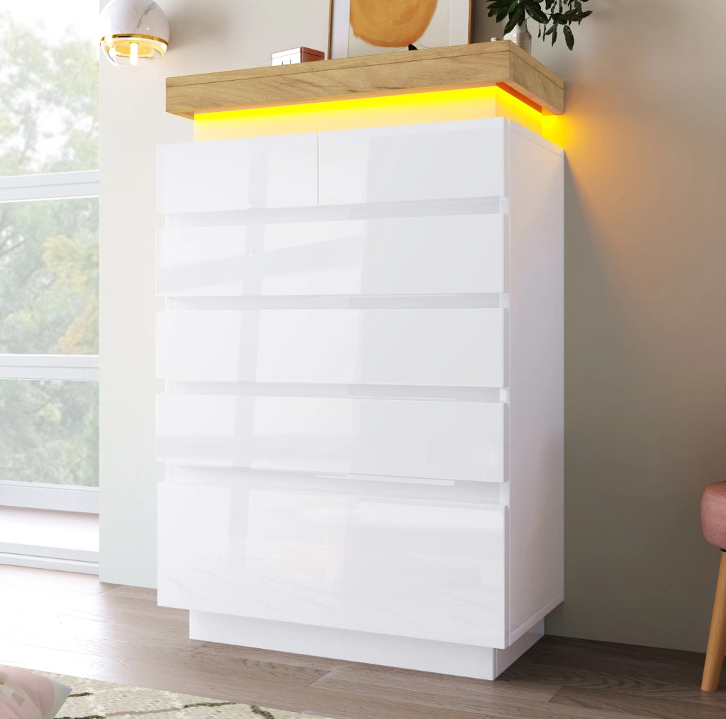Cassettiera bianca lucida con 6 cassetti e LED controllabile da app, 73×39×115 cm