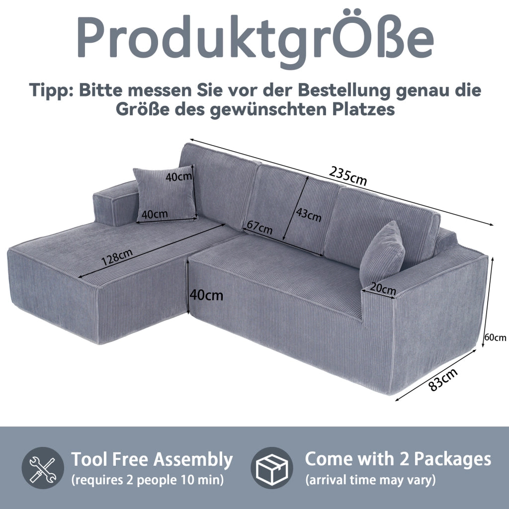 Divano angolare convertibile 2 posti con chaise longue, schiuma ad alta densità, in velluto a coste, Grigio
