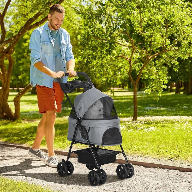PASSEGGINO PER CANI PIEGHEVOLE CON GUINZAGLIO DI SICUREZZA E CESTINO PORTAOGGETTI, GRIGIO