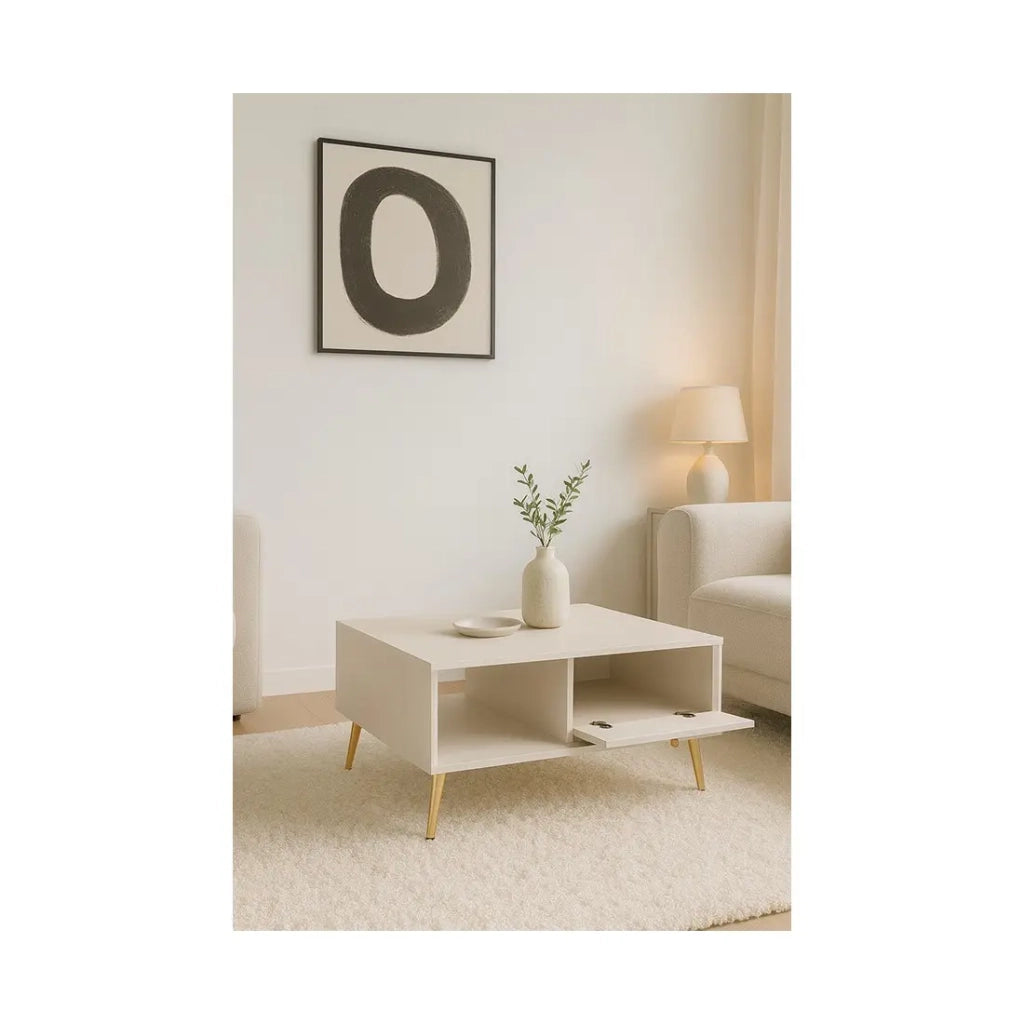 Tavolino basso design AZURÉA – 1 nicchia + 1 anta ribaltabile – Colore sabbia