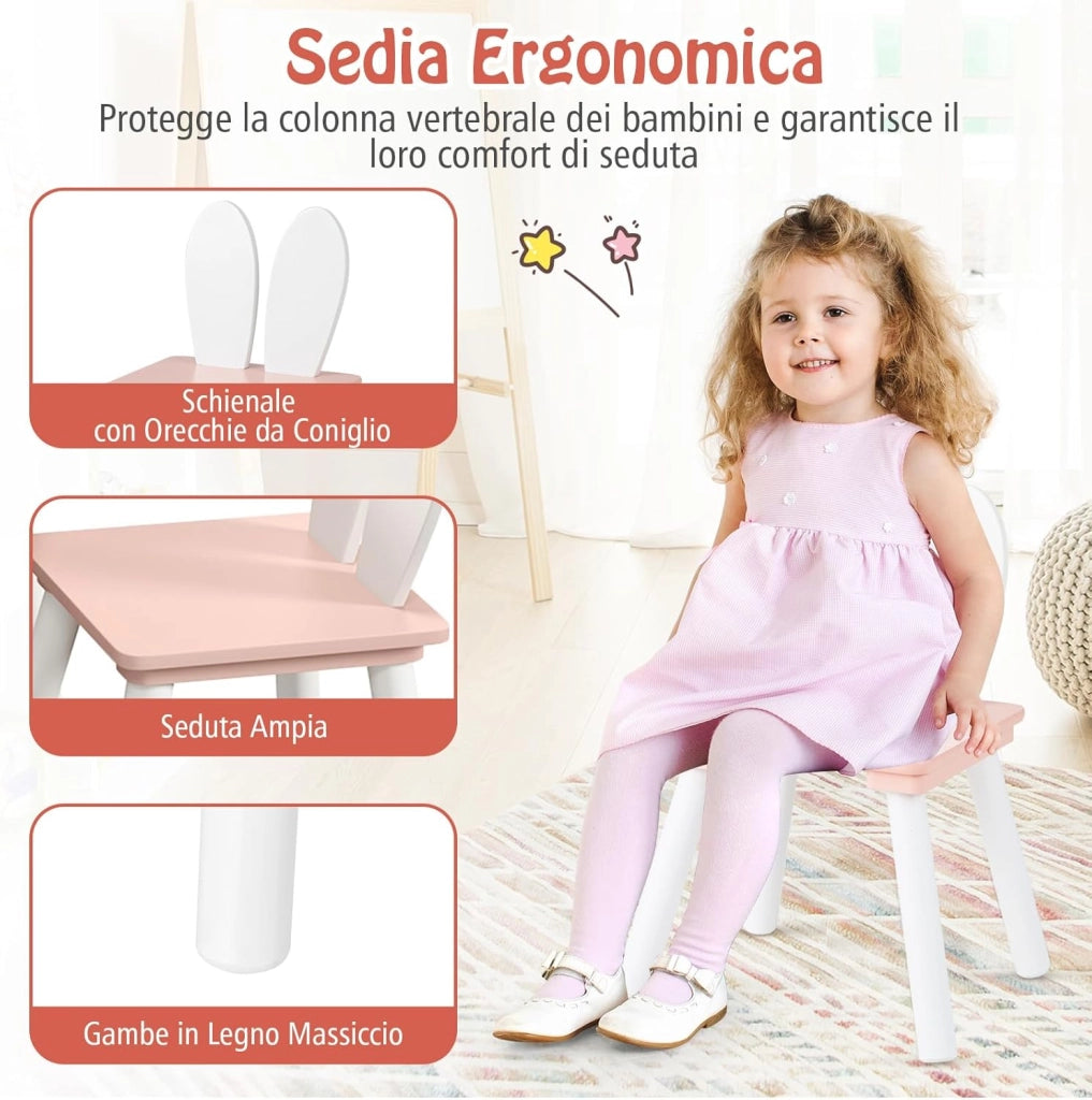 Tavolo Bambini con Sedie, Set Tavolo e Sedie in Legno per Bambini 3-6 anni con Schienale a Forma di Coniglio, Tavolino con Sedie per Giocare, Disegnare e Leggere, Capacità di 40 kg (Rosa)