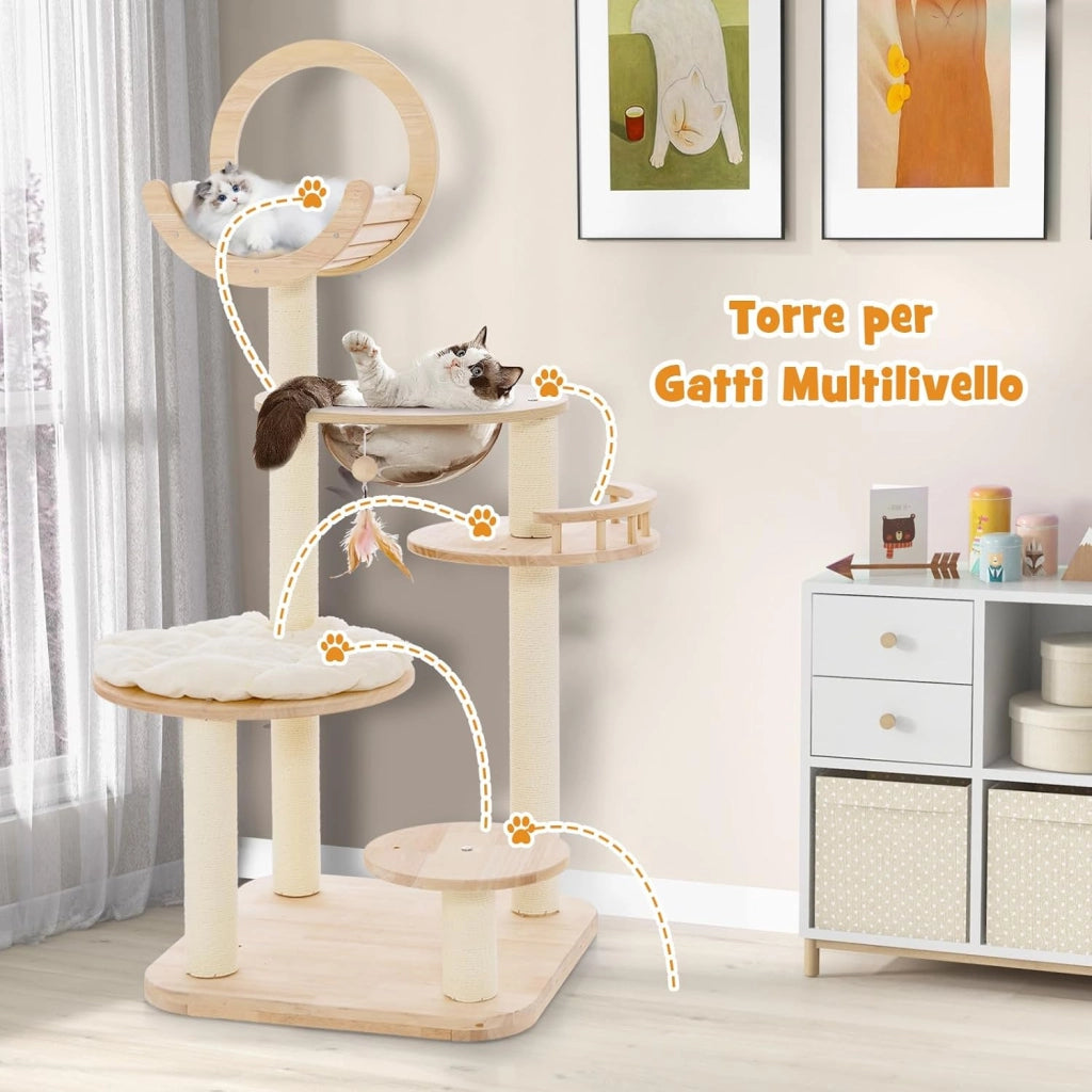 Tiragraffi per Gatti 4-in-1, Albero per Gatti in Legno di Quercia a Blocchi con Capsula Spaziale, Tiragraffi in Sisal, Piattaforma Imbottita e Giocattolo Appeso, 60 x 60 x 146 cm