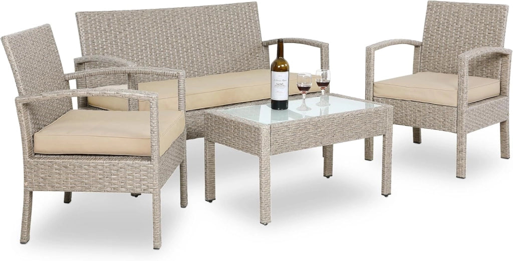® Lounge Tavolo da Giardino Set Polyrattan Mobili da Esterno 4 Persone Incl. Cuscini Gruppo di Seduta Terrazza Balcone Salottino Outdoor