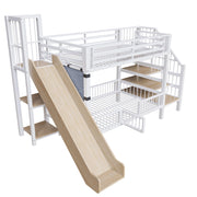 Letto a castello 90×200 cm; letto 2 posti con scivolo; scala contenitore e ripiani; senza materasso; bianco