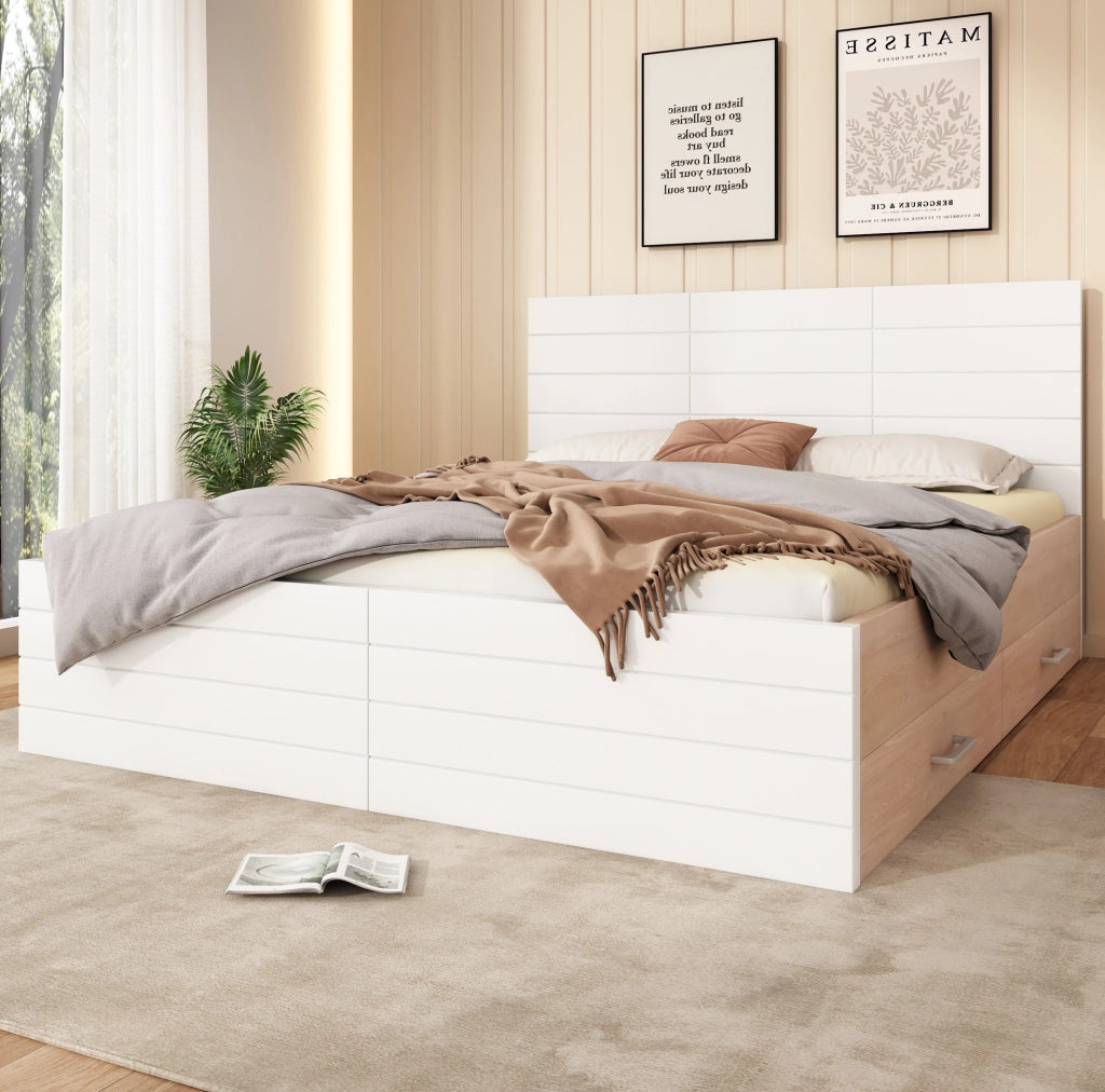 Letto matrimoniale ULEVR 180x200 cm con 2 cassetti intercambiabili e rete a doghe, bianco e rovere chiaro